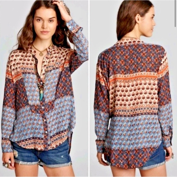 Free People Tops - FREE PEOPLE ~ Button Down Mixed Print Boho Long Sleeve Shirt Medium